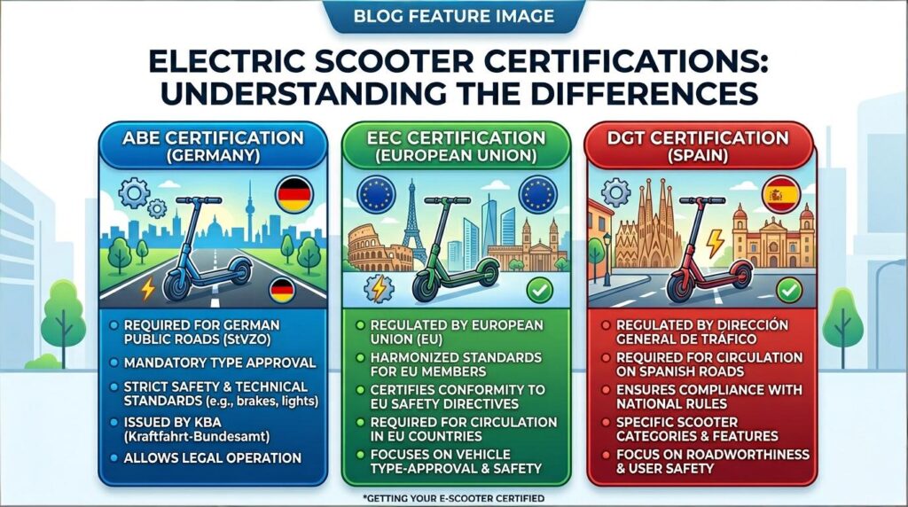 What are the ABE, EEC, and DGT certifications for electric scooters?