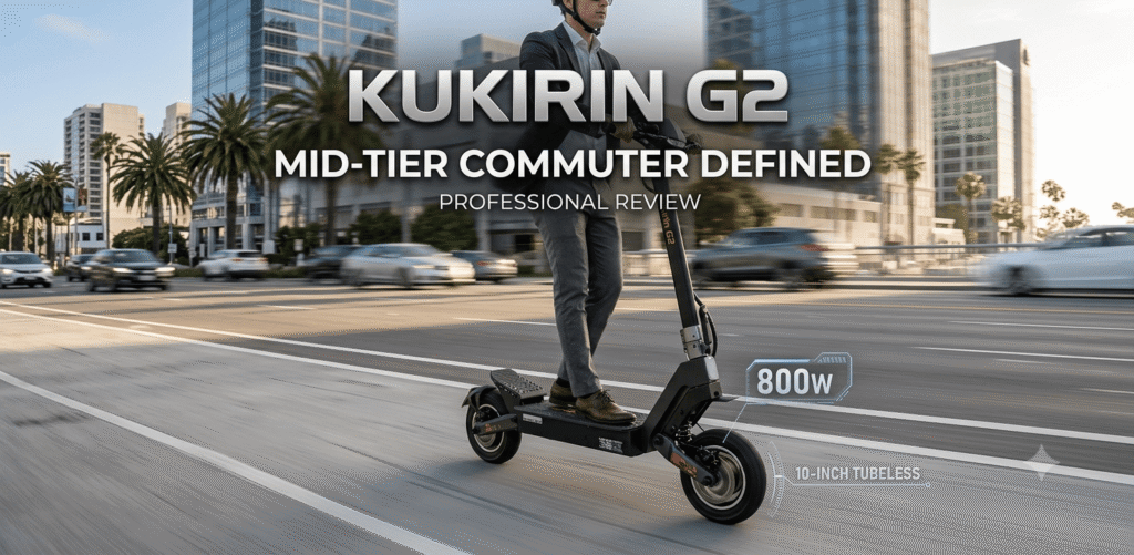 Professional review banner of KuKirin G2 electric scooter being ridden by a commuter on a US city road, highlighting its 800W motor and 10-inch tubeless tires.