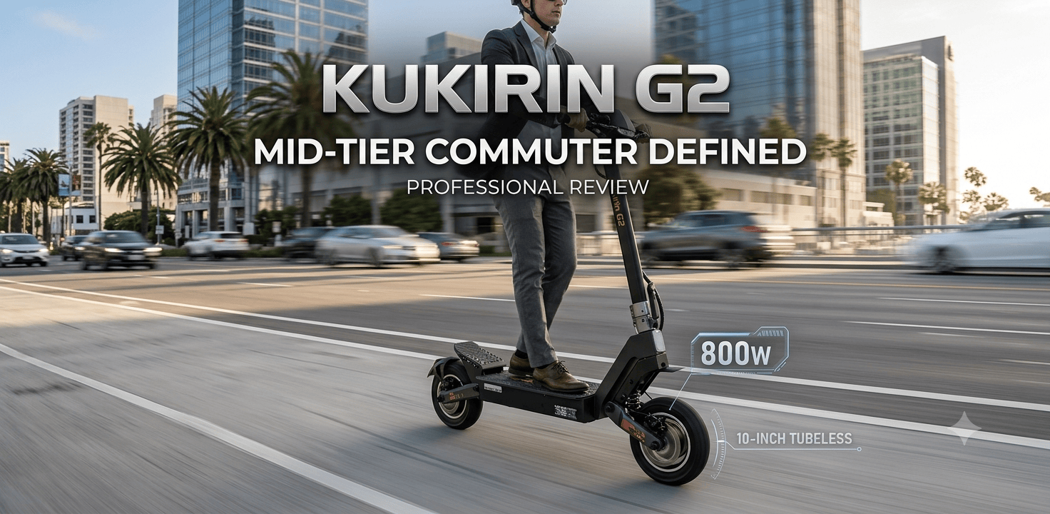 Professional review banner of KuKirin G2 electric scooter being ridden by a commuter on a US city road, highlighting its 800W motor and 10-inch tubeless tires.