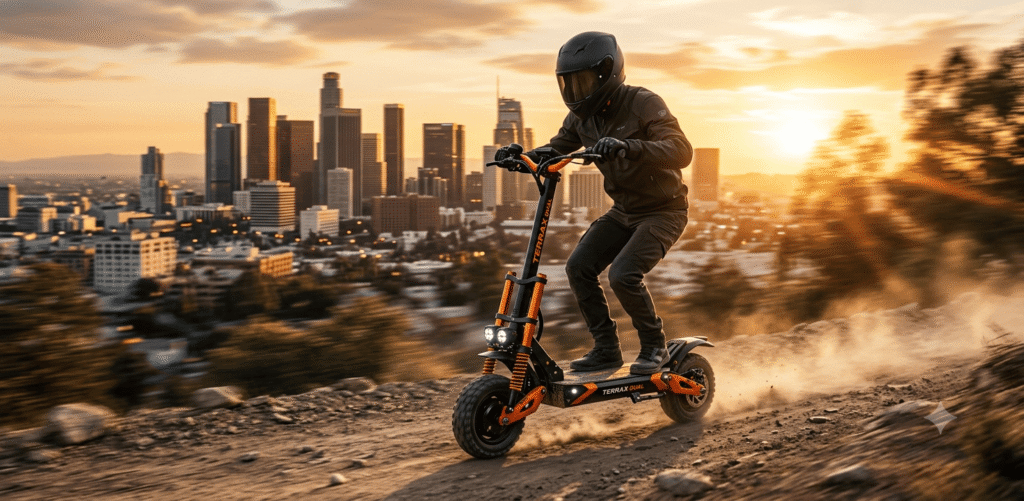 Professional review banner of KuKirin G2 Master dual-motor electric scooter riding fast on an all-terrain trail with US city background, showcasing its off-road tires and high-speed stability.