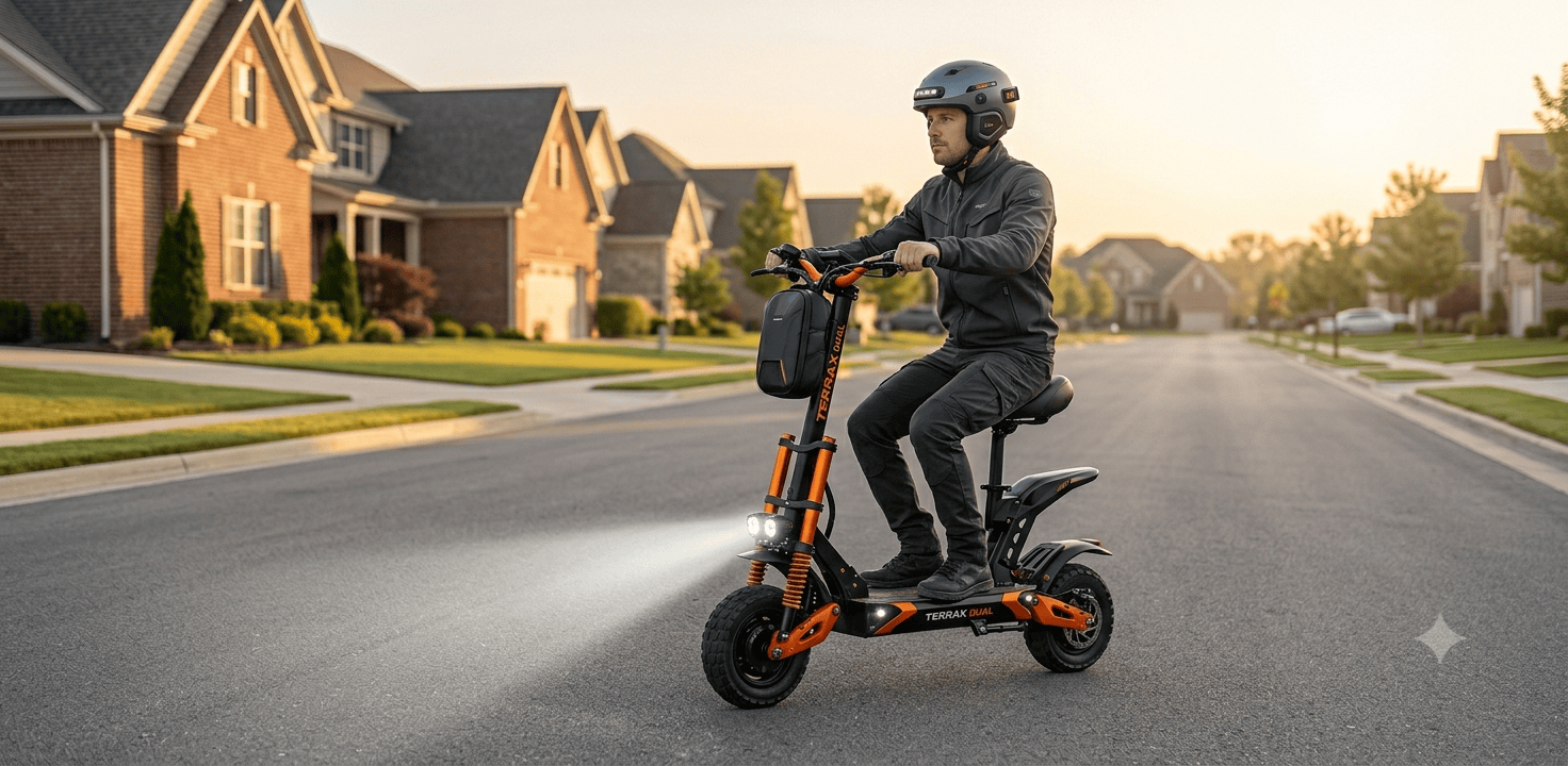 Professional review banner of KuKirin G2 Max long-range electric scooter with seat installed, riding smoothly on an American suburban road during sunrise.